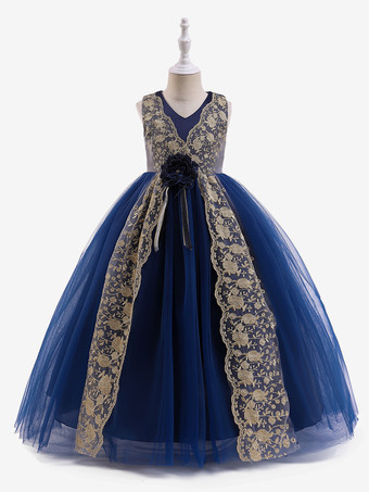 ダークネイビーホワイトフラワーガールドレス 特別な機会のドレス カメオピンクポリエステル ノースリーブ Vネック フラワーガールドレス