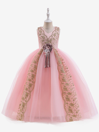 サーモンピンクホワイトフラワーガールドレス 特別な機会のドレス カメオピンクポリエステル ノースリーブ Vネック フラワーガールドレス