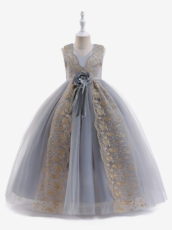 グレイホワイトフラワーガールドレス 特別な機会のドレス カメオピンクポリエステル ノースリーブ Vネック フラワーガールドレス