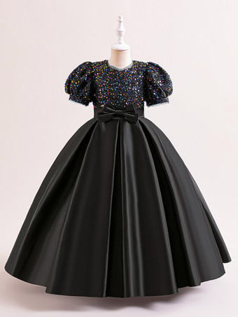 ブラック ホワイトフラワーガールドレス 特別な機会のドレス シャンパンポリエステル 半袖 ジュエルネック フラワーガールドレス
