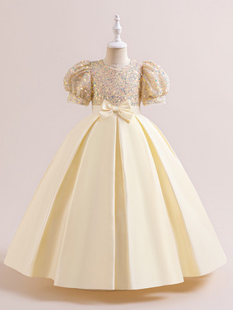 シャンパンカラーホワイトフラワーガールドレス 特別な機会のドレス シャンパンポリエステル 半袖 ジュエルネック フラワーガールドレス