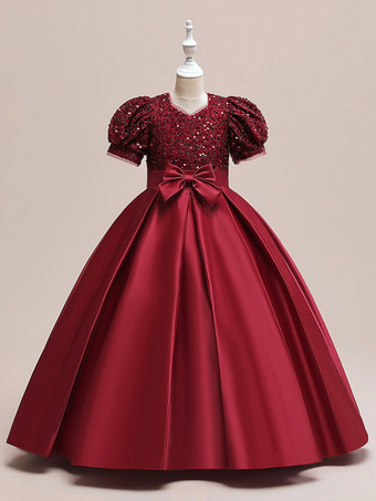 ワインレッド ホワイトフラワーガールドレス 特別な機会のドレス シャンパンポリエステル 半袖 ジュエルネック フラワーガールドレス