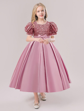 カメオピンクホワイトフラワーガールドレス 特別な機会のドレス シャンパンポリエステル 半袖 ジュエルネック フラワーガールドレス