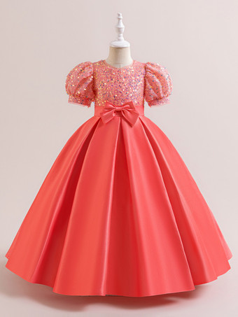 スイカ（レッド）ホワイトフラワーガールドレス 特別な機会のドレス シャンパンポリエステル 半袖 ジュエルネック フラワーガールドレス