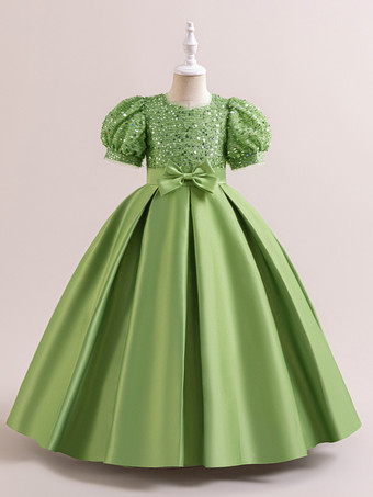 アボカドグリーンホワイトフラワーガールドレス 特別な機会のドレス シャンパンポリエステル 半袖 ジュエルネック フラワーガールドレス