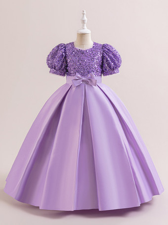 ライラックカラーホワイトフラワーガールドレス 特別な機会のドレス シャンパンポリエステル 半袖 ジュエルネック フラワーガールドレス