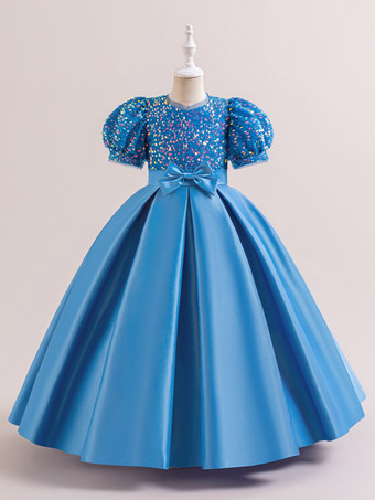 ライトスカイブルーホワイトフラワーガールドレス 特別な機会のドレス シャンパンポリエステル 半袖 ジュエルネック フラワーガールドレス