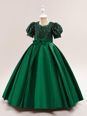 ダークグリーンホワイトフラワーガールドレス 特別な機会のドレス シャンパンポリエステル 半袖 ジュエルネック フラワーガールドレス