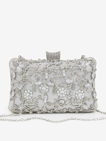 シルバー ウェディングハンドバッグ ウェディングアクセサリー ブライダルハンドバッグチェーン カットアウトラインストーン