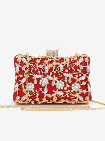 レッド ウェディングハンドバッグ ウェディングアクセサリー ブライダルハンドバッグチェーン カットアウトラインストーン