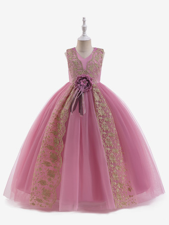 カメオピンクホワイトフラワーガールドレス 特別な機会のドレス カメオピンクポリエステル ノースリーブ Vネック フラワーガールドレス