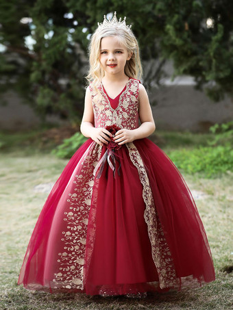 ワインレッド ホワイトフラワーガールドレス 特別な機会のドレス カメオピンクポリエステル ノースリーブ Vネック フラワーガールドレス