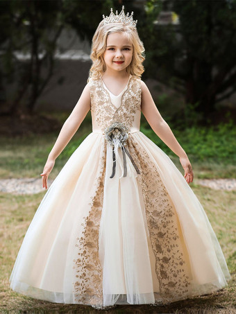 シャンパンカラーホワイトフラワーガールドレス 特別な機会のドレス カメオピンクポリエステル ノースリーブ Vネック フラワーガールドレス