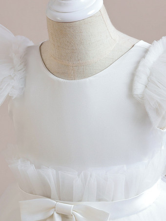 ホワイトフラワーガールドレス 特別な機会のドレス ピンクポリエステル 半袖 ジュエルネック フラワーガールドレス