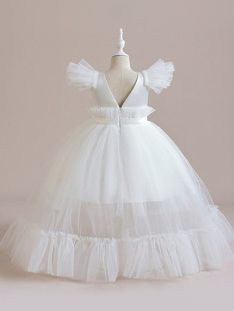 ホワイトフラワーガールドレス 特別な機会のドレス ピンクポリエステル 半袖 ジュエルネック フラワーガールドレス