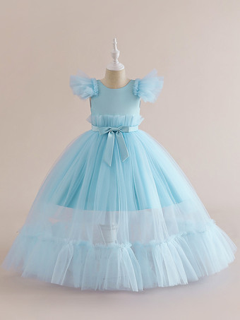 ライトスカイブルーホワイトフラワーガールドレス 特別な機会のドレス ピンクポリエステル 半袖 ジュエルネック フラワーガールドレス