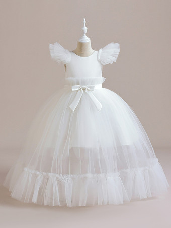 ホワイト ホワイトフラワーガールドレス 特別な機会のドレス ピンクポリエステル 半袖 ジュエルネック フラワーガールドレス