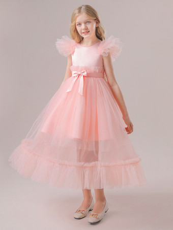 ホワイトフラワーガールドレス 特別な機会のドレス ピンクポリエステル 半袖 ジュエルネック フラワーガールドレス