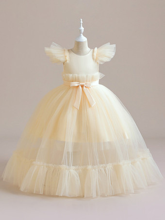 シャンパンカラーホワイトフラワーガールドレス 特別な機会のドレス ピンクポリエステル 半袖 ジュエルネック フラワーガールドレス