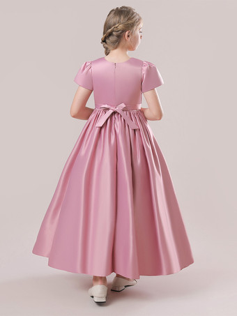 ホワイトフラワーガールドレス 特別な日のドレス カメオピンクサテン生地 半袖 ジュエルネック フラワーガールドレス