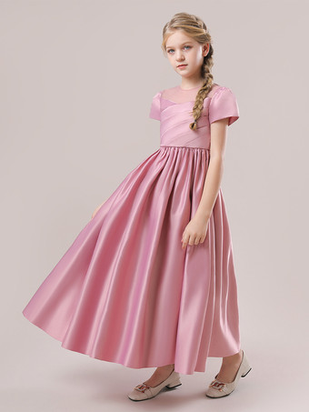 ホワイトフラワーガールドレス 特別な日のドレス カメオピンクサテン生地 半袖 ジュエルネック フラワーガールドレス