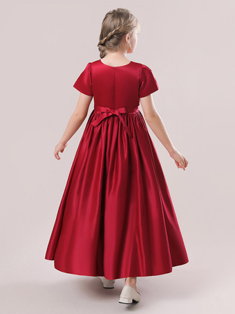 ホワイトフラワーガールドレス 特別な日のドレス カメオピンクサテン生地 半袖 ジュエルネック フラワーガールドレス