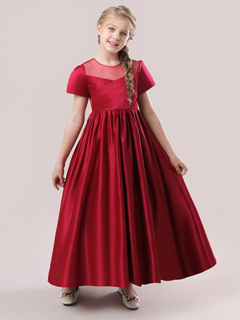 ホワイトフラワーガールドレス 特別な日のドレス カメオピンクサテン生地 半袖 ジュエルネック フラワーガールドレス