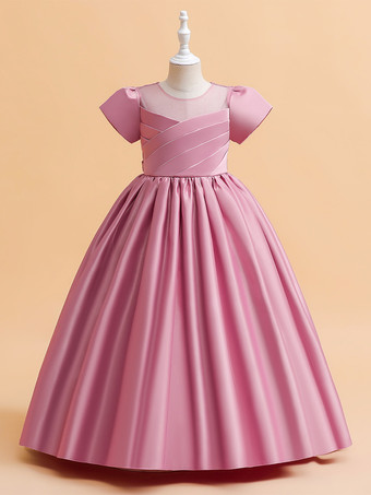 カメオピンクホワイトフラワーガールドレス 特別な日のドレス カメオピンクサテン生地 半袖 ジュエルネック フラワーガールドレス