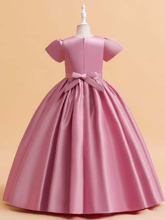 ホワイトフラワーガールドレス 特別な日のドレス カメオピンクサテン生地 半袖 ジュエルネック フラワーガールドレス