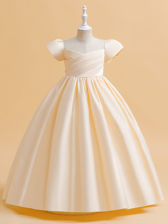 シャンパンカラーホワイトフラワーガールドレス 特別な日のドレス カメオピンクサテン生地 半袖 ジュエルネック フラワーガールドレス