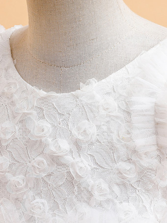 白いフラワーガールドレス 特別な日のためのドレス ホワイトチュール 半袖 ジュエルネック フラワーガールドレス