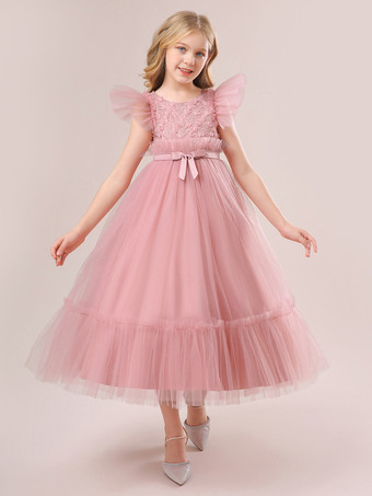 白いフラワーガールドレス 特別な日のためのドレス ホワイトチュール 半袖 ジュエルネック フラワーガールドレス