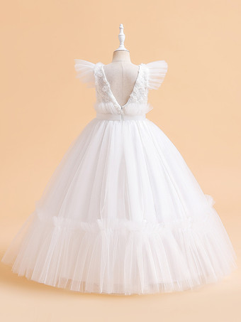 白いフラワーガールドレス 特別な日のためのドレス ホワイトチュール 半袖 ジュエルネック フラワーガールドレス