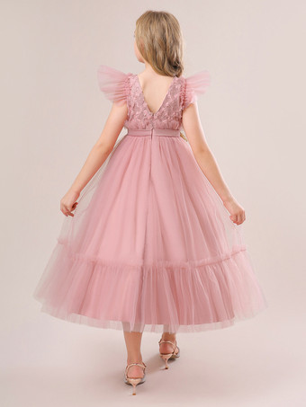 白いフラワーガールドレス 特別な日のためのドレス ホワイトチュール 半袖 ジュエルネック フラワーガールドレス