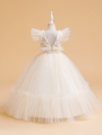 白いフラワーガールドレス 特別な日のためのドレス ホワイトチュール 半袖 ジュエルネック フラワーガールドレス