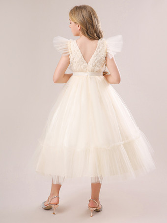白いフラワーガールドレス 特別な日のためのドレス ホワイトチュール 半袖 ジュエルネック フラワーガールドレス