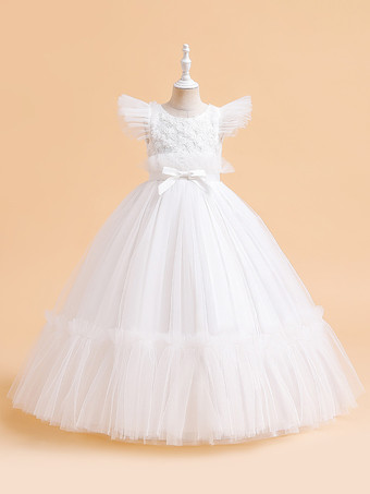 ホワイト 白いフラワーガールドレス 特別な日のためのドレス ホワイトチュール 半袖 ジュエルネック フラワーガールドレス