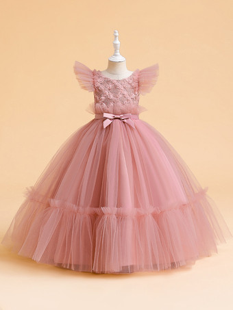 カメオピンク白いフラワーガールドレス 特別な日のためのドレス ホワイトチュール 半袖 ジュエルネック フラワーガールドレス