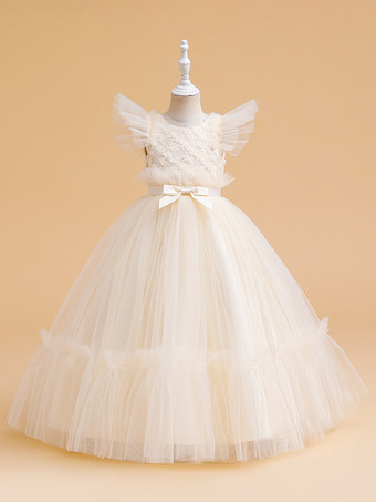 シャンパンカラー白いフラワーガールドレス 特別な日のためのドレス ホワイトチュール 半袖 ジュエルネック フラワーガールドレス