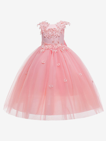 ピンクホワイトフラワーガールドレス 特別な日のドレス ピンクチュール ノースリーブ ジュエルネック フラワーガールドレス