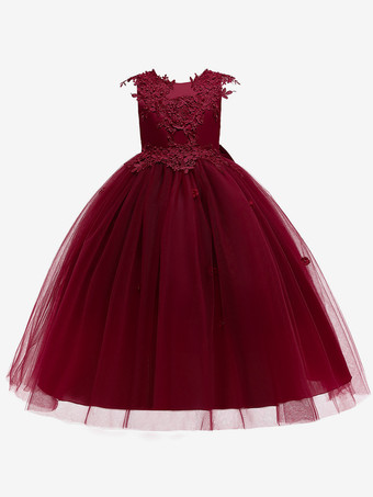 ワインレッド ホワイトフラワーガールドレス 特別な日のドレス ピンクチュール ノースリーブ ジュエルネック フラワーガールドレス