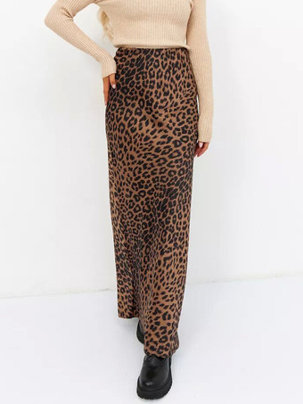 ブラウン スカート コーヒーブラウン サテン生地 ナチュラルウエスト シック ヒョウ柄 秋 ロング レディース ボトムス