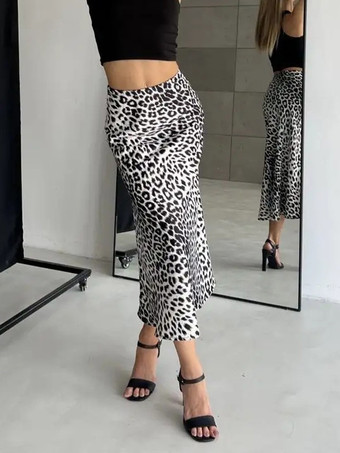 ホワイト スカート コーヒーブラウン サテン生地 ナチュラルウエスト シック ヒョウ柄 秋 ロング レディース ボトムス