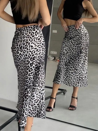 スカート コーヒーブラウン サテン生地 ナチュラルウエスト シック ヒョウ柄 秋 ロング レディース ボトムス