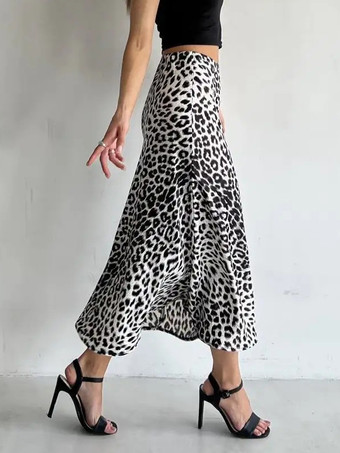 スカート コーヒーブラウン サテン生地 ナチュラルウエスト シック ヒョウ柄 秋 ロング レディース ボトムス