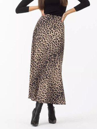 アイボリー スカート コーヒーブラウン サテン生地 ナチュラルウエスト シック ヒョウ柄 秋 ロング レディース ボトムス
