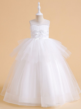 ホワイト ホワイトフラワーガールドレス 特別な日のためのドレス シャンパンチュール ノースリーブ ジュエルネック フラワーガールドレス
