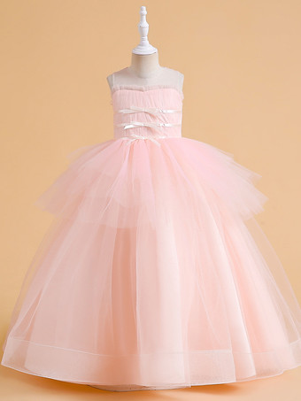 ピンクホワイトフラワーガールドレス 特別な日のためのドレス シャンパンチュール ノースリーブ ジュエルネック フラワーガールドレス