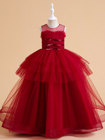 ワインレッド ホワイトフラワーガールドレス 特別な日のためのドレス シャンパンチュール ノースリーブ ジュエルネック フラワーガールドレス