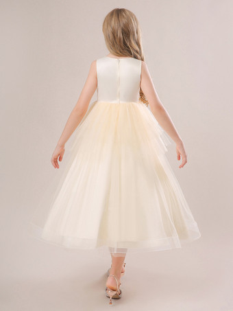 ホワイトフラワーガールドレス 特別な日のためのドレス シャンパンチュール ノースリーブ ジュエルネック フラワーガールドレス